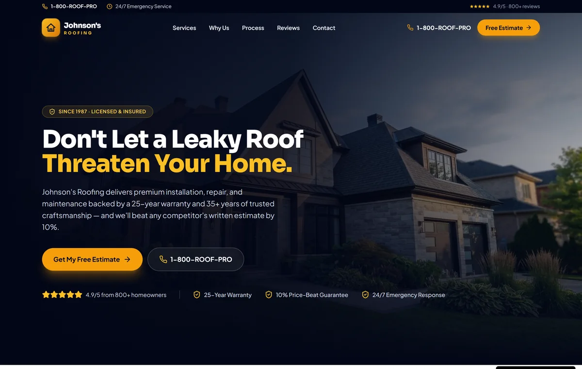 Modern, professional roofing website