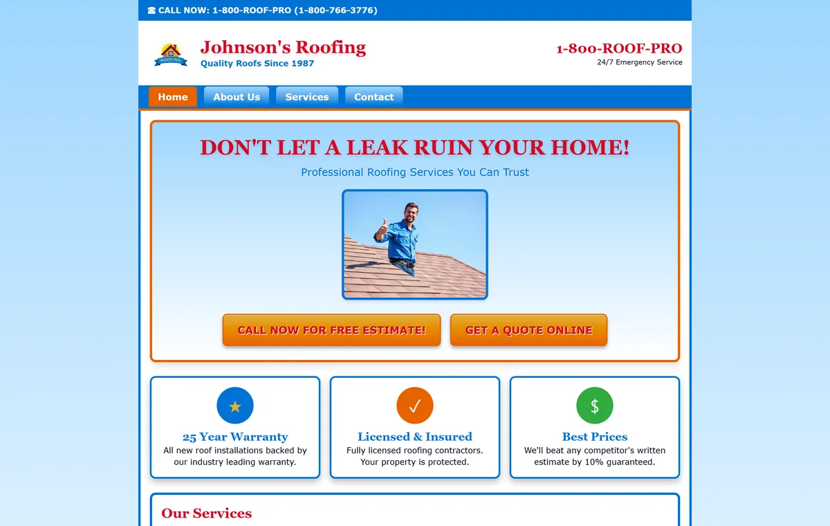 Outdated, dated-looking roofing website